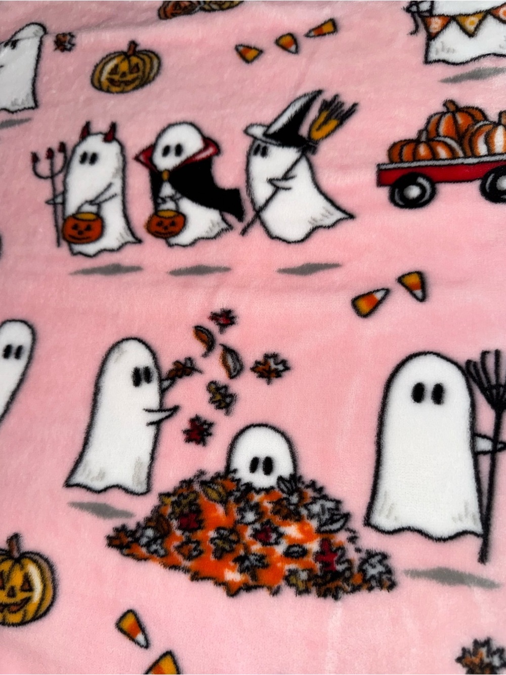 Isaac Mizrahi Fall Autumn Leaves Halloween Ghost & Pumpkins Pink Blanket - Picture 3 of 4